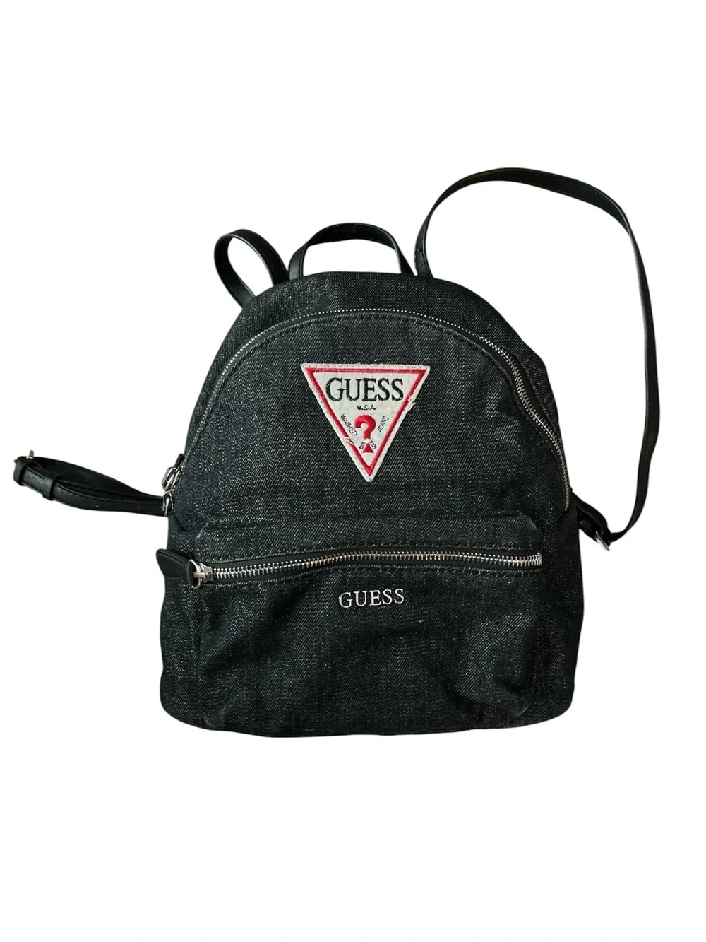 GUESS Black Denim Backpack with Red Logo Patch